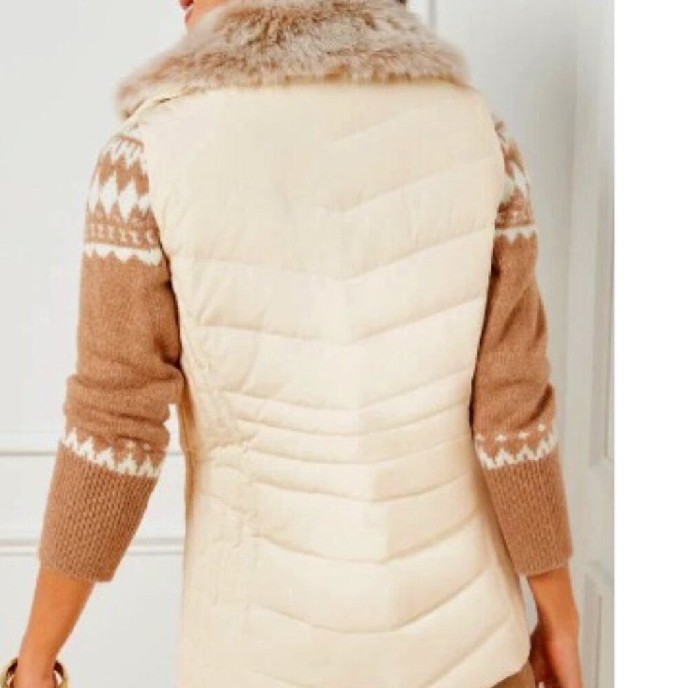 BNWT TALBOTS Faux Fur Collar Down Puffer Vest in ivory earthy camel collar (M) - Picture 8 of 11